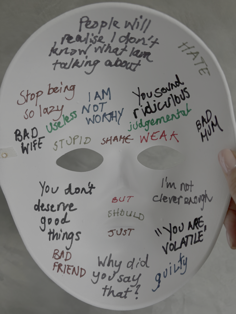 Mask illustration representing the parts of ourselves we may hide or change in order to feel accepted by others.